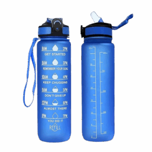 TERMO DE PLÁSTICO AZUL CON MEDIDOR DE AGUA Y TAPA REBOTE 32 OZ.